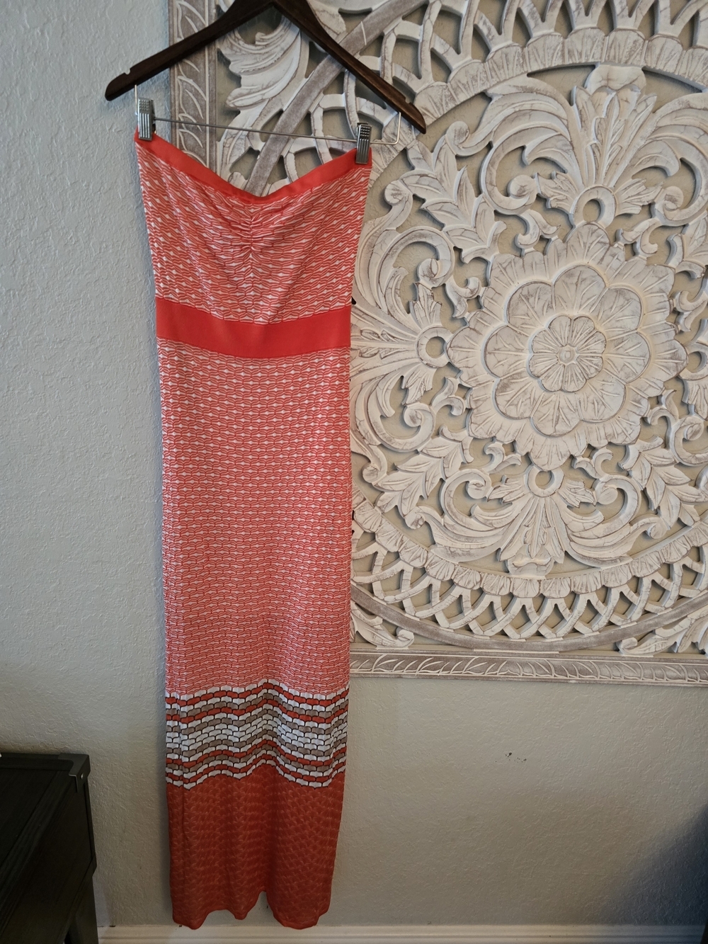 Bebe Women's Strapless Lace Trim Wave Knit Crochet Maxi Dress Orange M
